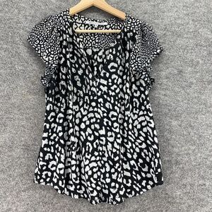 Collective Concepts Blouse Women M Medium Black Animal Print V-Neck Short Sleeve